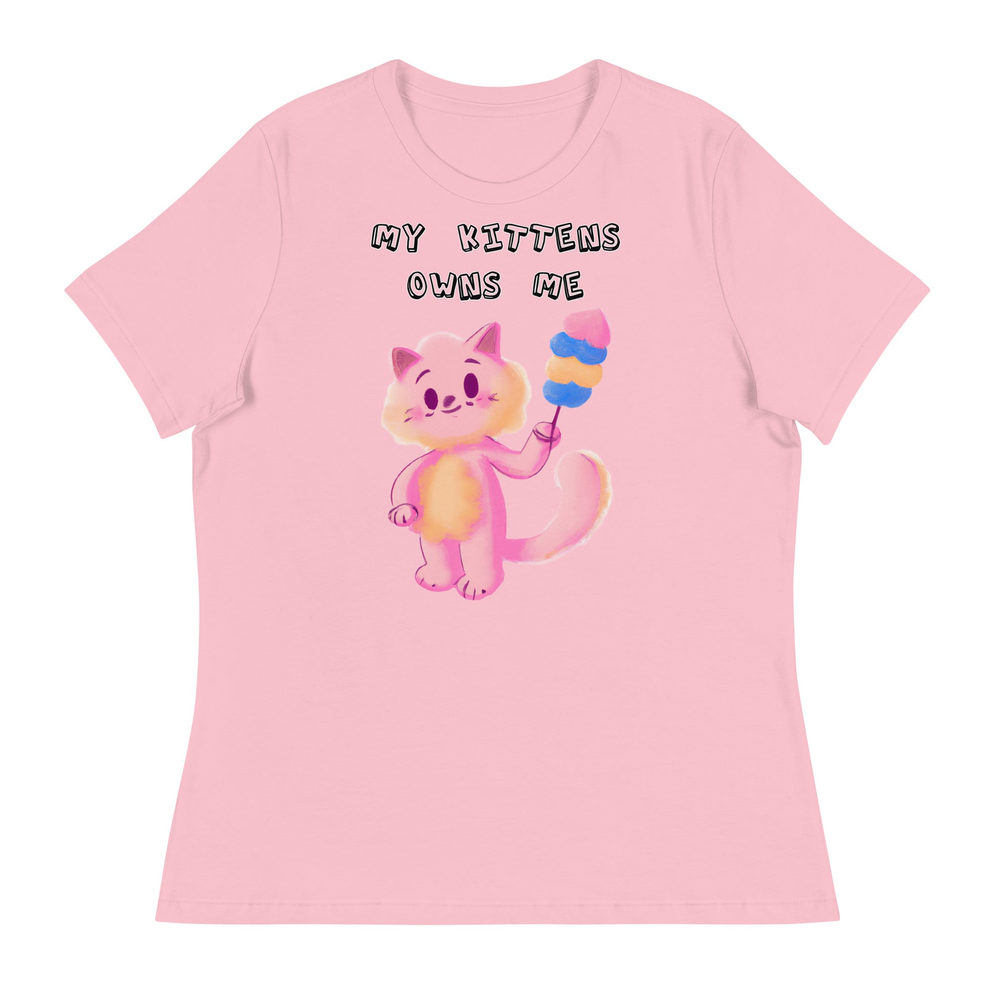 Women's White T-Shirt with Pink Cat With Cotton Candy with a text "My Kittens Own Me" at $25.97 found at Personalizedpetlovergifts