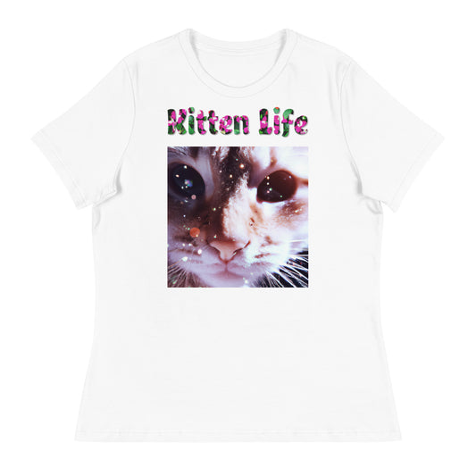 Womens WhiteT-Shirt with Cat Closeup With Bokeh with a text "Kitten Life" at $25.97 found at Personalizedpetlovergifts