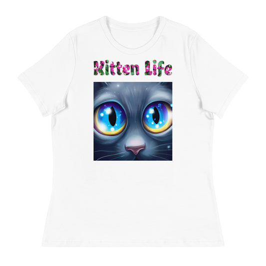 Womens WhiteT-Shirt with Cat Close Up With Blue Eyes with a text "Kitten Life" at $25.97 found at Personalizedpetlovergifts