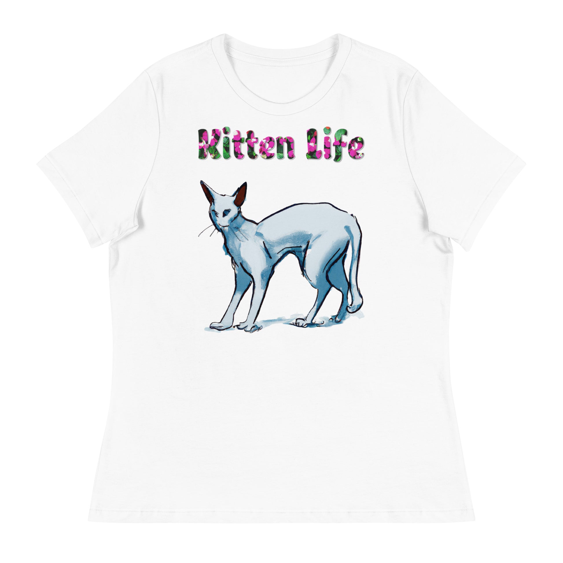 Womens WhiteT-Shirt with Cat Artistic Painting with a text "Kitten Life" at $25.97 found at Personalizedpetlovergifts