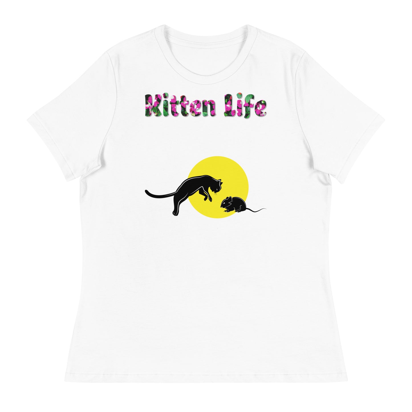 Womens WhiteT-Shirt with Cat And Mouse with a text "Kitten Life" at $25.97 found at Personalizedpetlovergifts