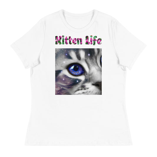 Womens WhiteT-Shirt with Blue Galaxy Eyed Cat with a text "Kitten Life" at $25.97 found at Personalizedpetlovergifts