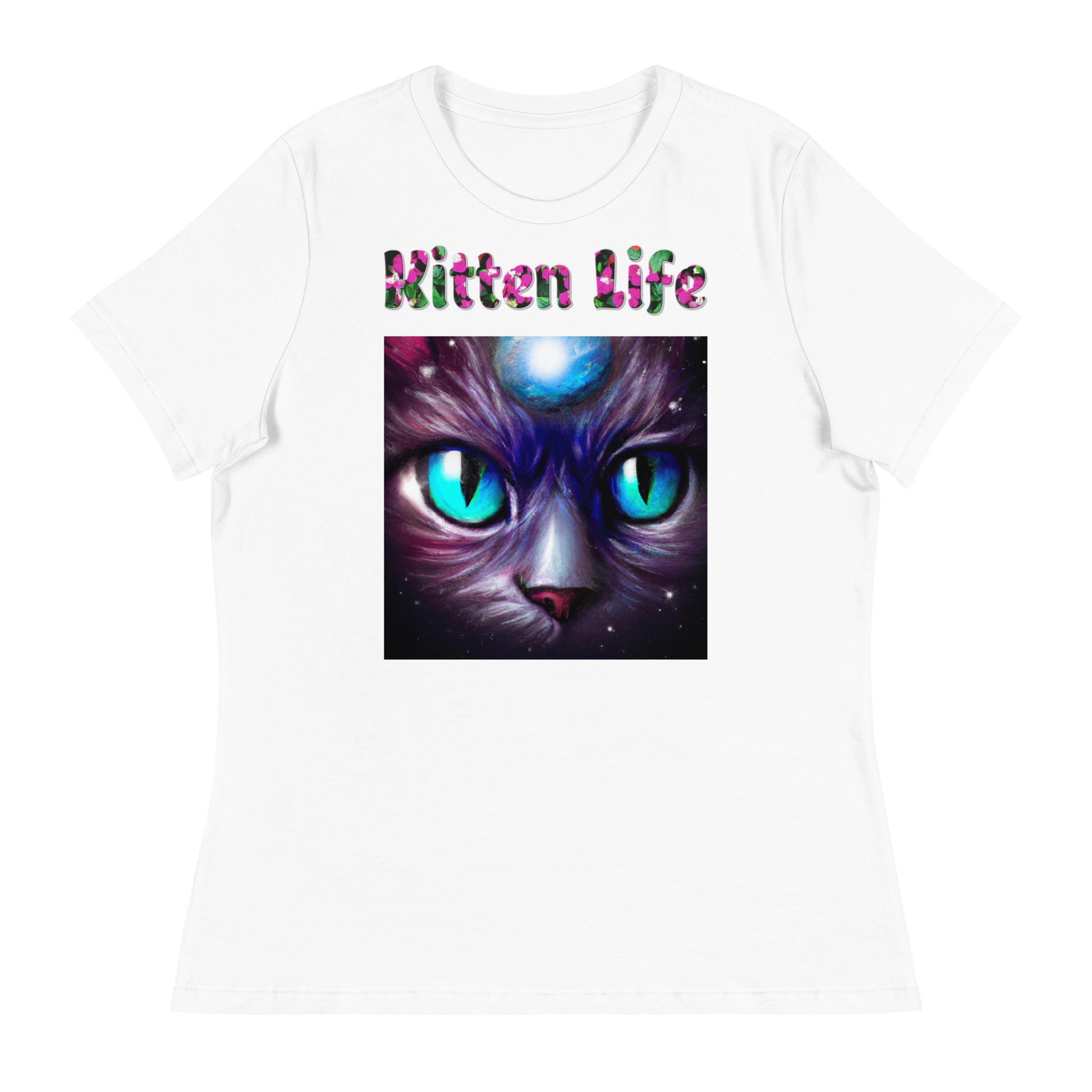 Womens WhiteT-Shirt with Blue Eyed Cat with a text "Kitten Life" at $25.97 found at Personalizedpetlovergifts