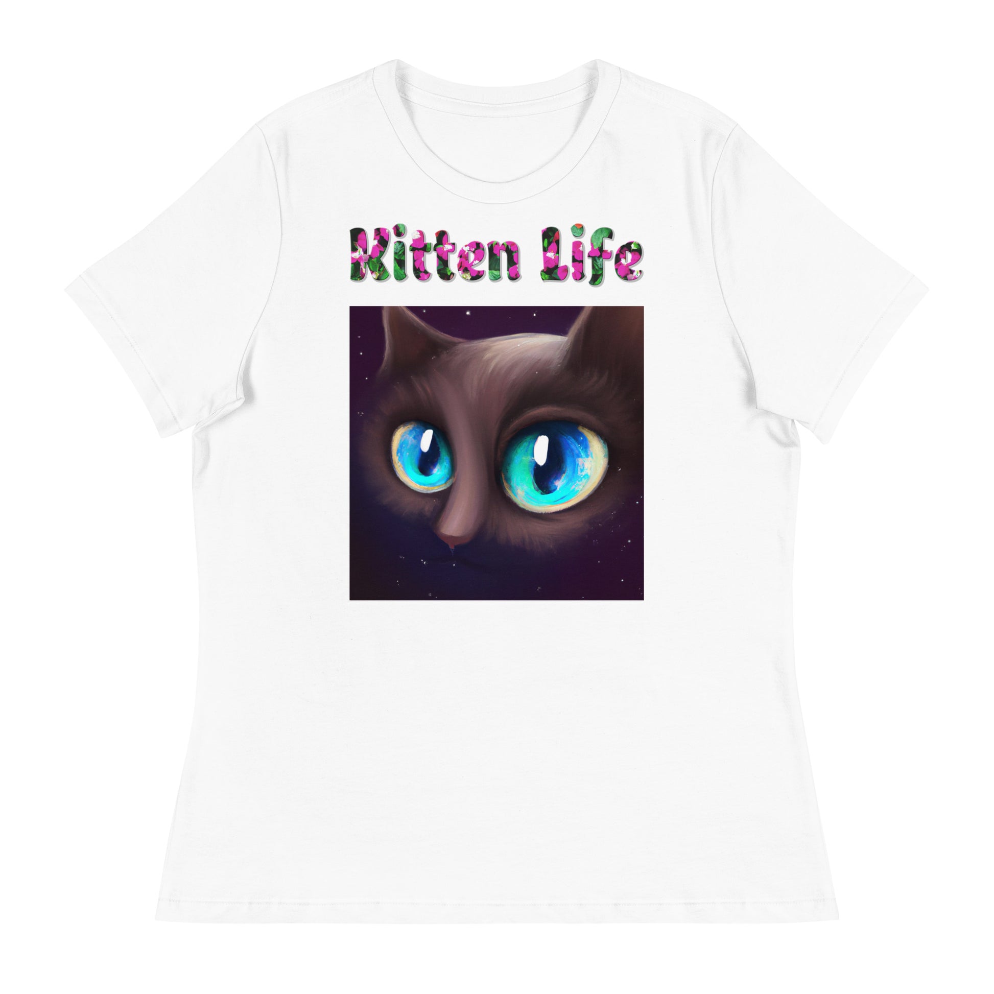 Womens WhiteT-Shirt with Blue Eyed Cat Portrait with a text "Kitten Life" at $25.97 found at Personalizedpetlovergifts