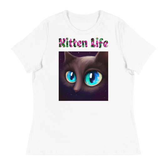 Womens WhiteT-Shirt with Blue Eyed Cat Portrait with a text "Kitten Life" at $25.97 found at Personalizedpetlovergifts