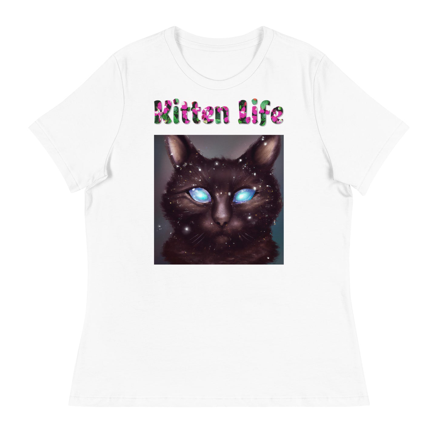 Womens WhiteT-Shirt with Blue Eyed Galaxy Cat with a text "Kitten Life" at $25.97 found at Personalizedpetlovergifts