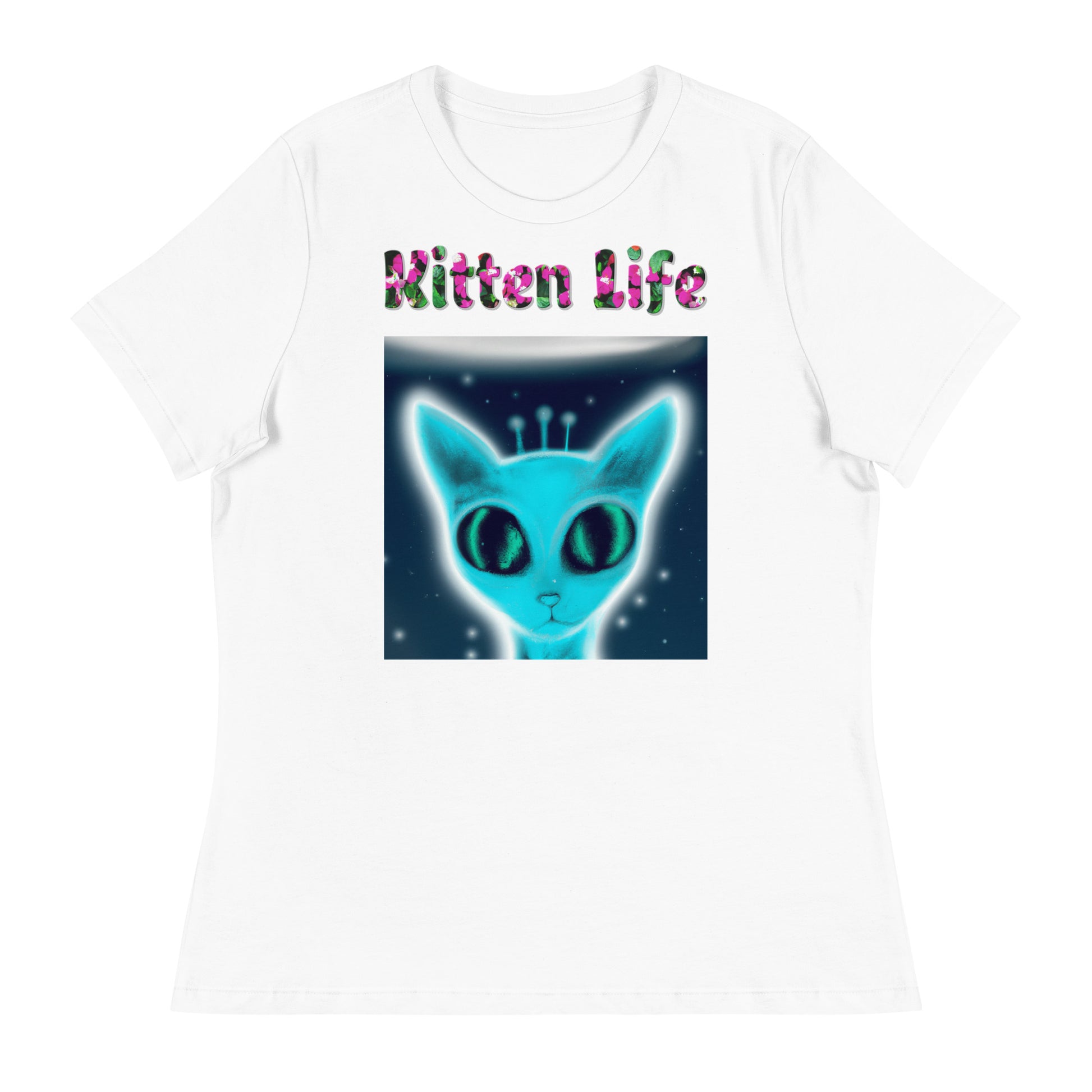 Womens WhiteT-Shirt with Blue Alien Cat with a text "Kitten Life" at $25.97 found at Personalizedpetlovergifts