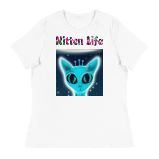 Womens WhiteT-Shirt with Blue Alien Cat with a text "Kitten Life" at $25.97 found at Personalizedpetlovergifts