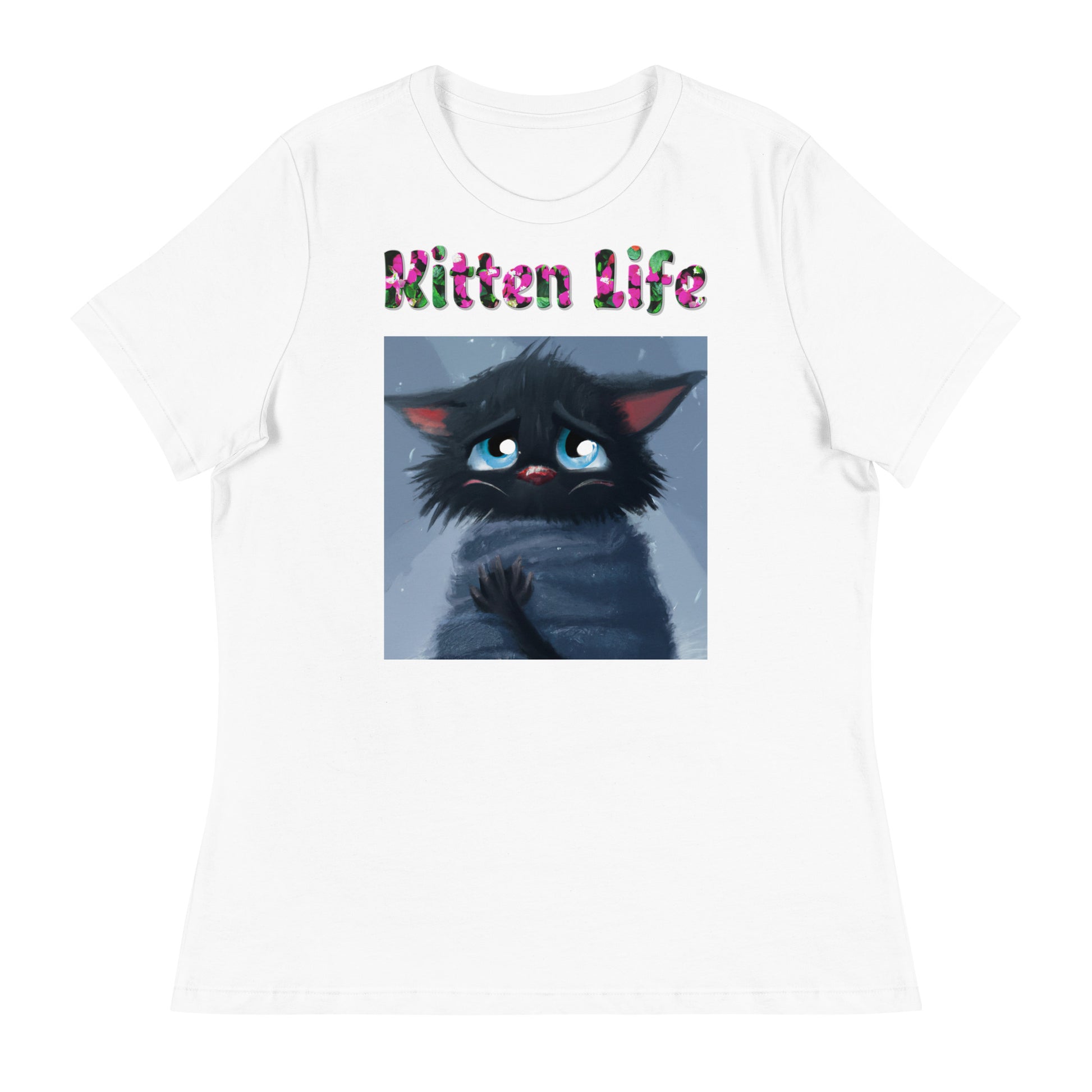 Womens WhiteT-Shirt with Black Kitten Feeling Cold with a text "Kitten Life" at $25.97 found at Personalizedpetlovergifts