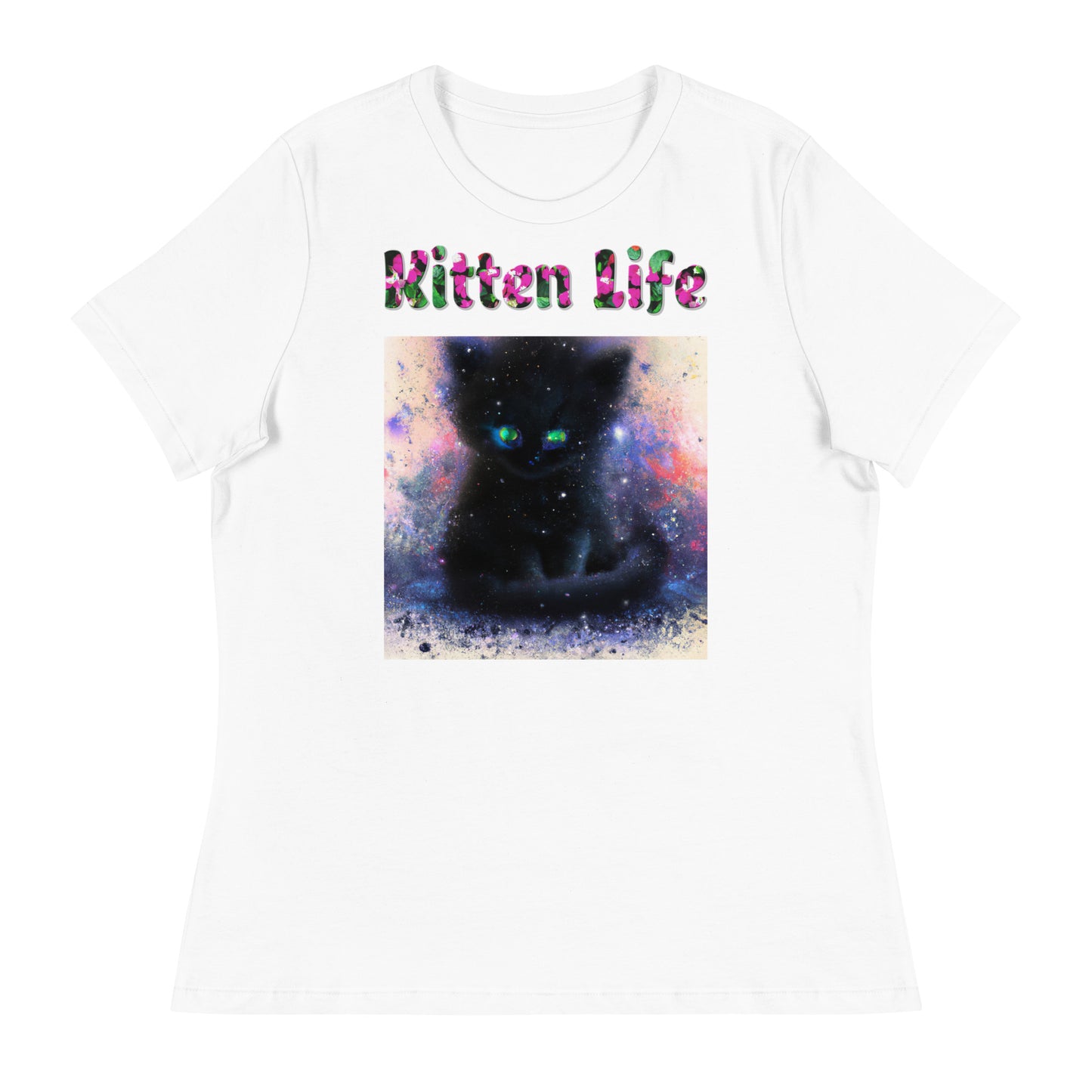 Womens WhiteT-Shirt with Black Kitten Abstract Art with a text "Kitten Life" at $25.97 found at Personalizedpetlovergifts