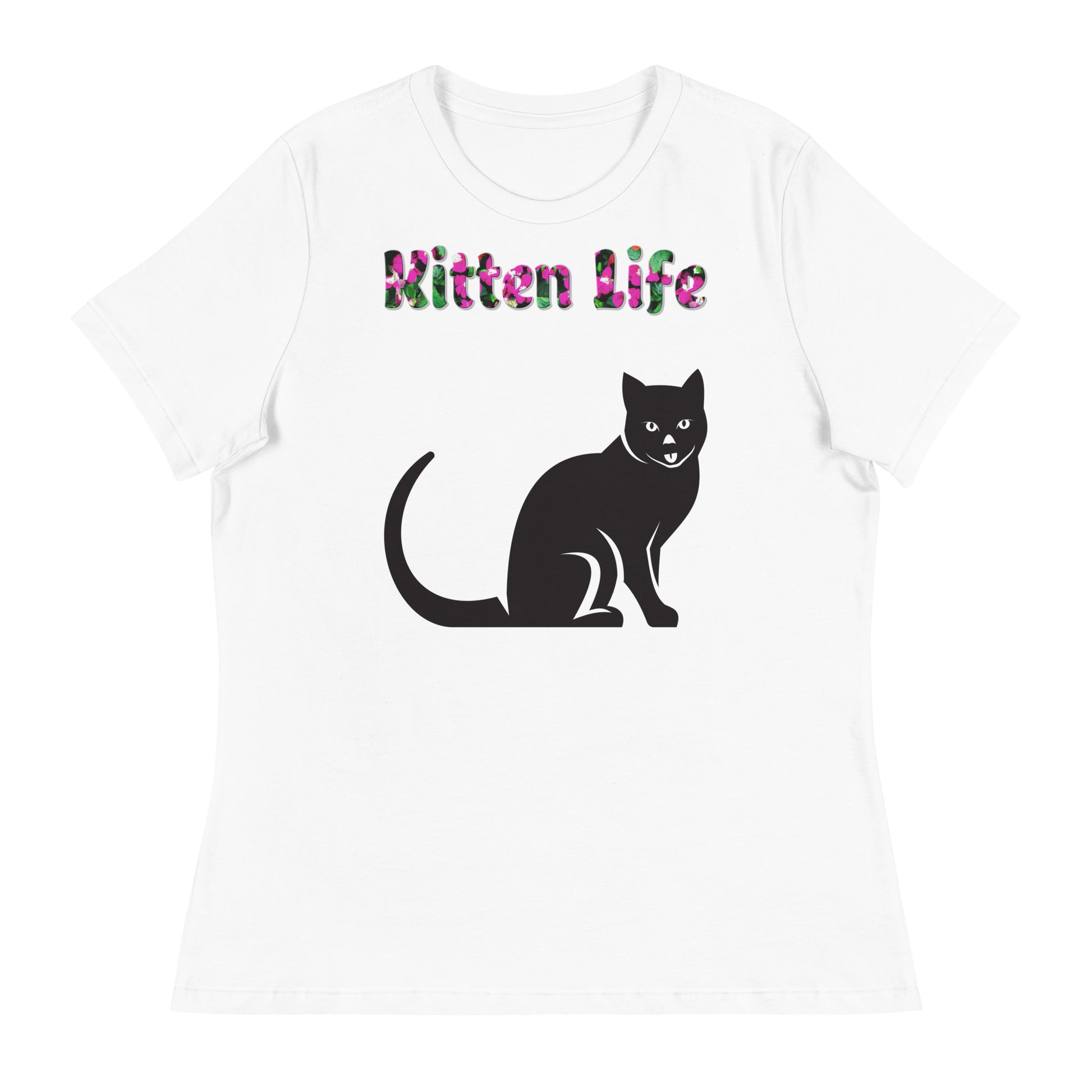 Womens WhiteT-Shirt with Black Cat Sitting with a text "Kitten Life" at $25.97 found at Personalizedpetlovergifts