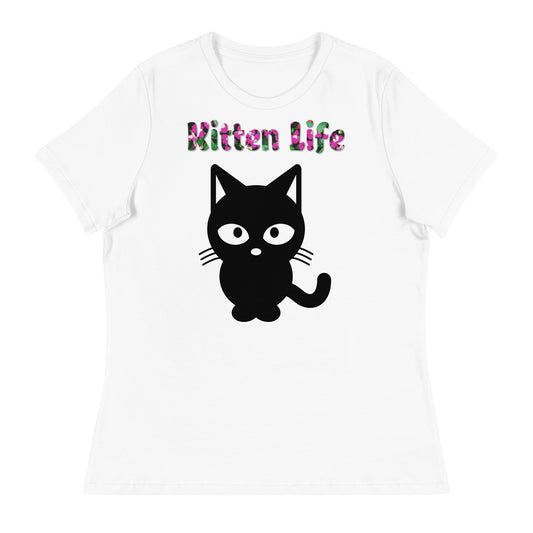 Womens WhiteT-Shirt with Black Cat Silhouette with a text "Kitten Life" at $25.97 found at Personalizedpetlovergifts