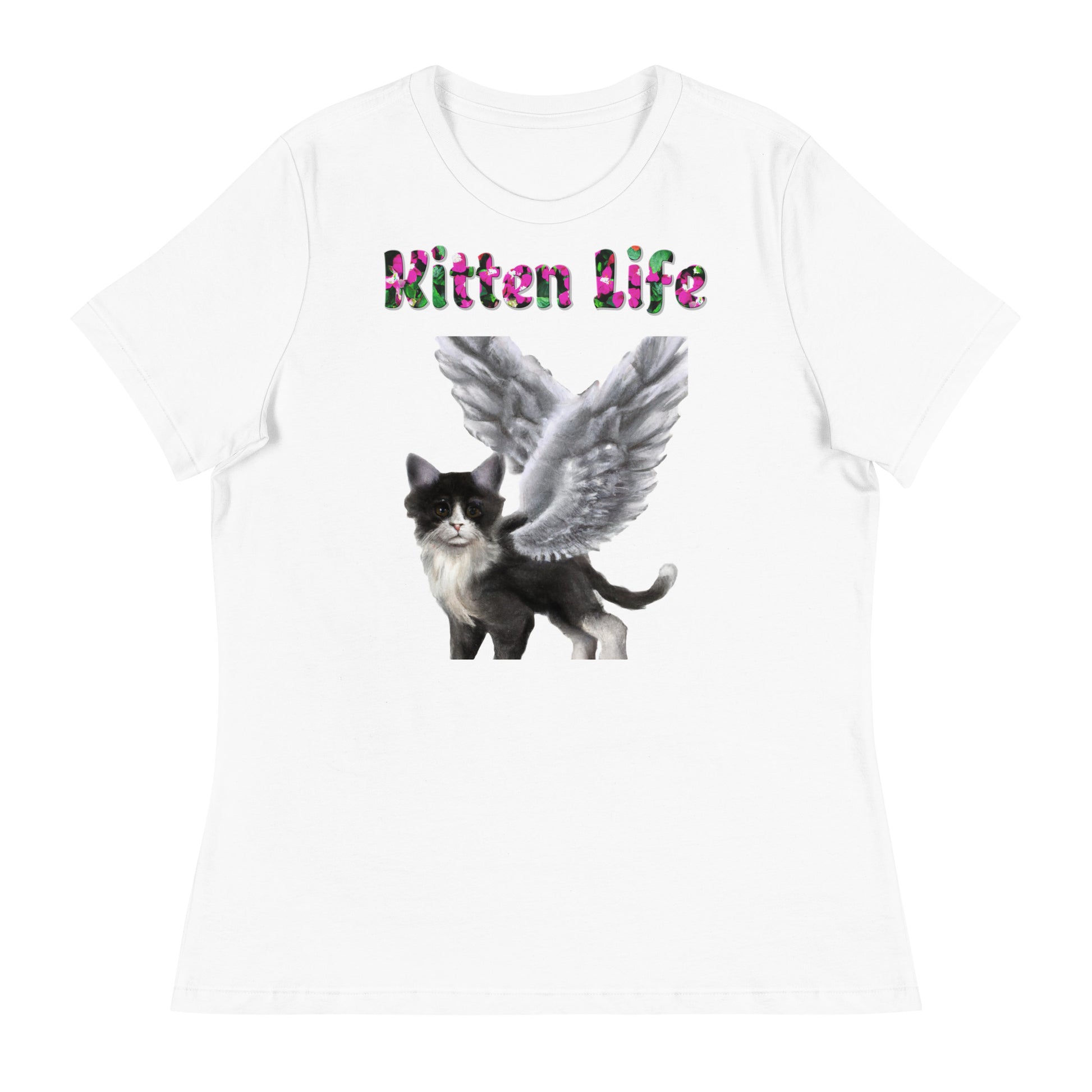 Womens WhiteT-Shirt with Black And White Cat With Angel Wings with a text "Kitten Life" at $25.97 found at Personalizedpetlovergifts