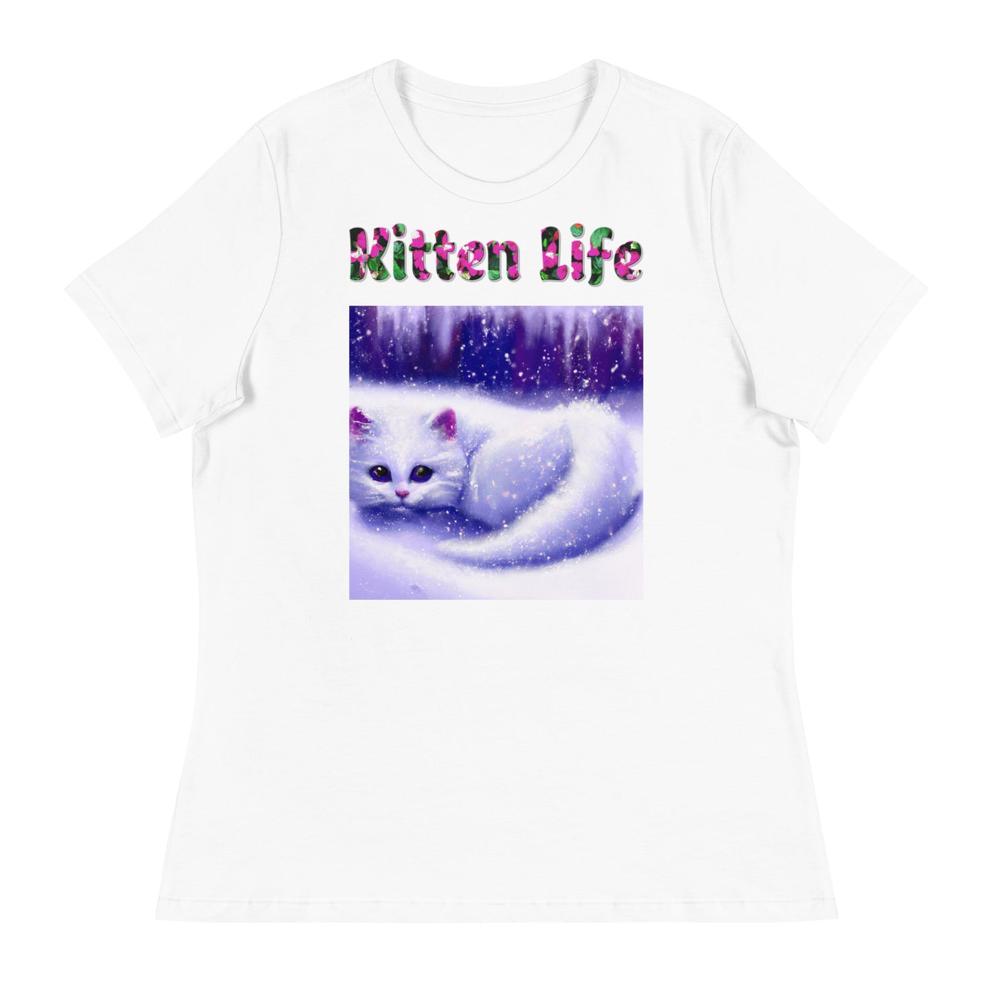 Womens WhiteT-Shirt with Beautiful White Kitten In The Snow with a text "Kitten Life" at $25.97 found at Personalizedpetlovergifts