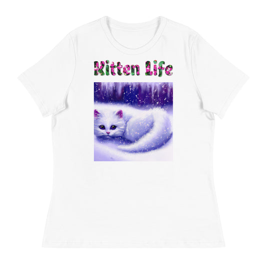 Womens WhiteT-Shirt with Beautiful White Kitten In The Snow with a text "Kitten Life" at $25.97 found at Personalizedpetlovergifts