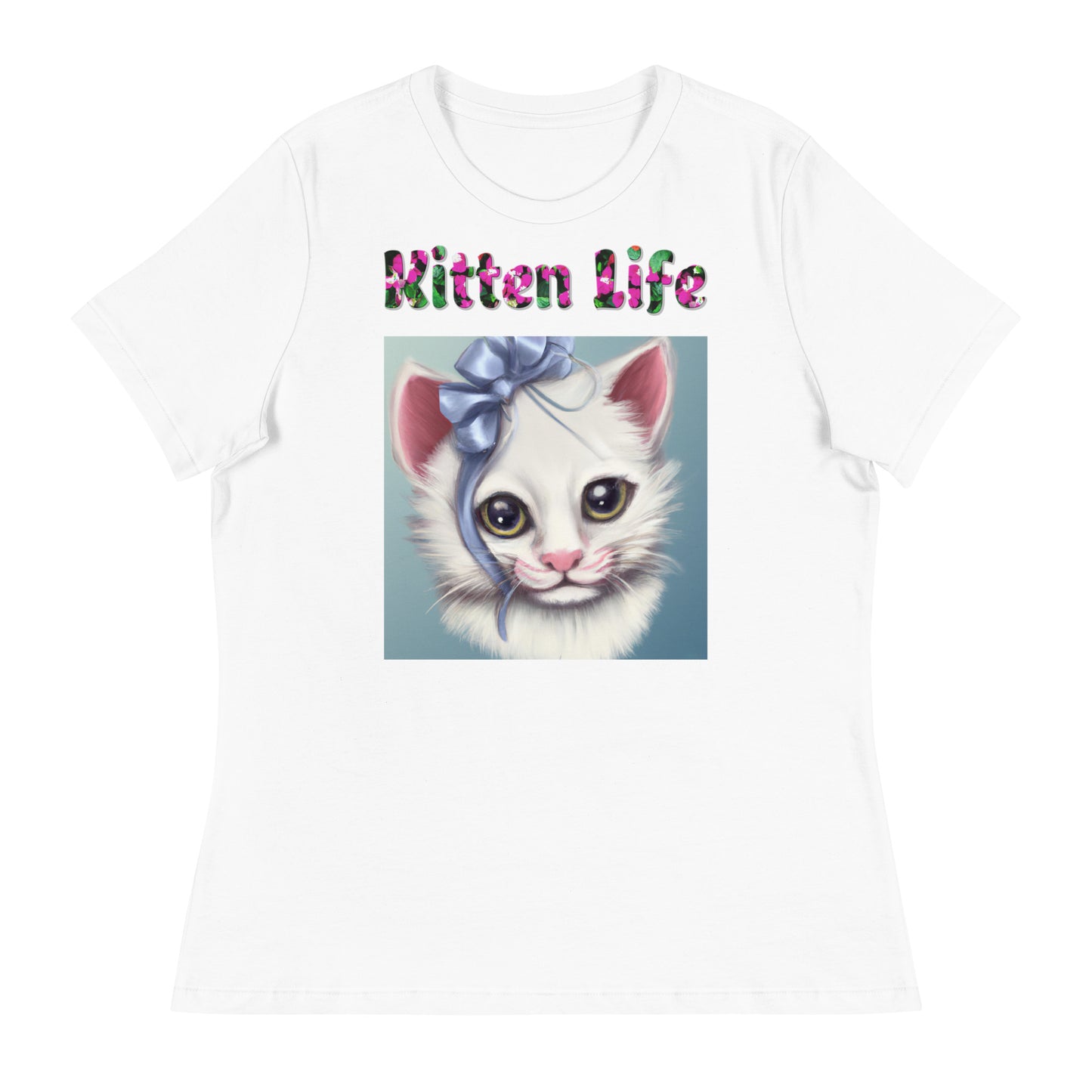 Womens WhiteT-Shirt with Beautiful Kitten With Blue bow with a text "Kitten Life" at $25.97 found at Personalizedpetlovergifts