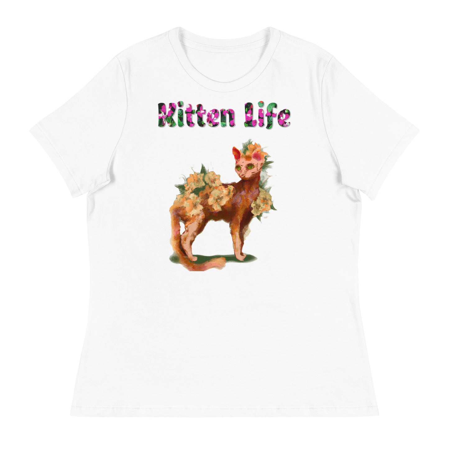 Womens WhiteT-Shirt with Beautiful Ginger Floral Cat with a text "Kitten Life" at $25.97 found at Personalizedpetlovergifts