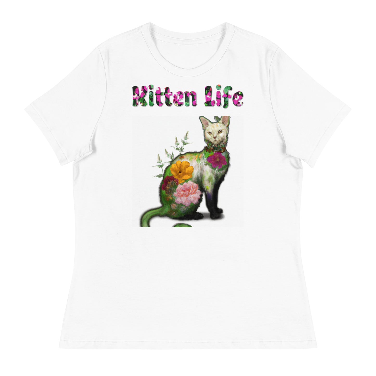 Womens WhiteT-Shirt with Beautiful Floral Cat with a text "Kitten Life" at $25.97 found at Personalizedpetlovergifts