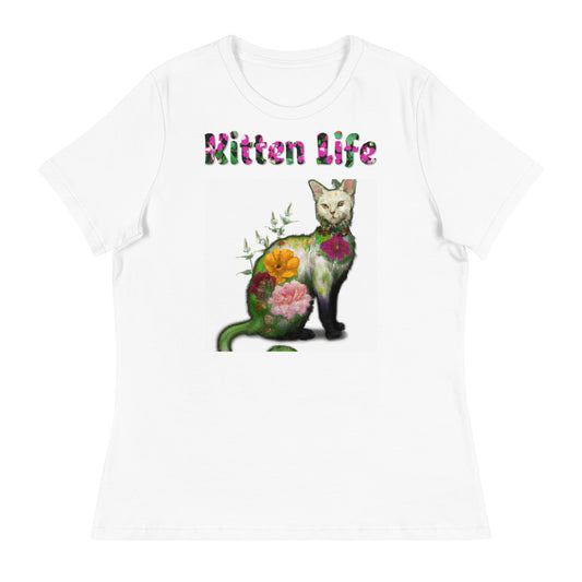 Womens WhiteT-Shirt with Beautiful Floral Cat with a text "Kitten Life" at $25.97 found at Personalizedpetlovergifts