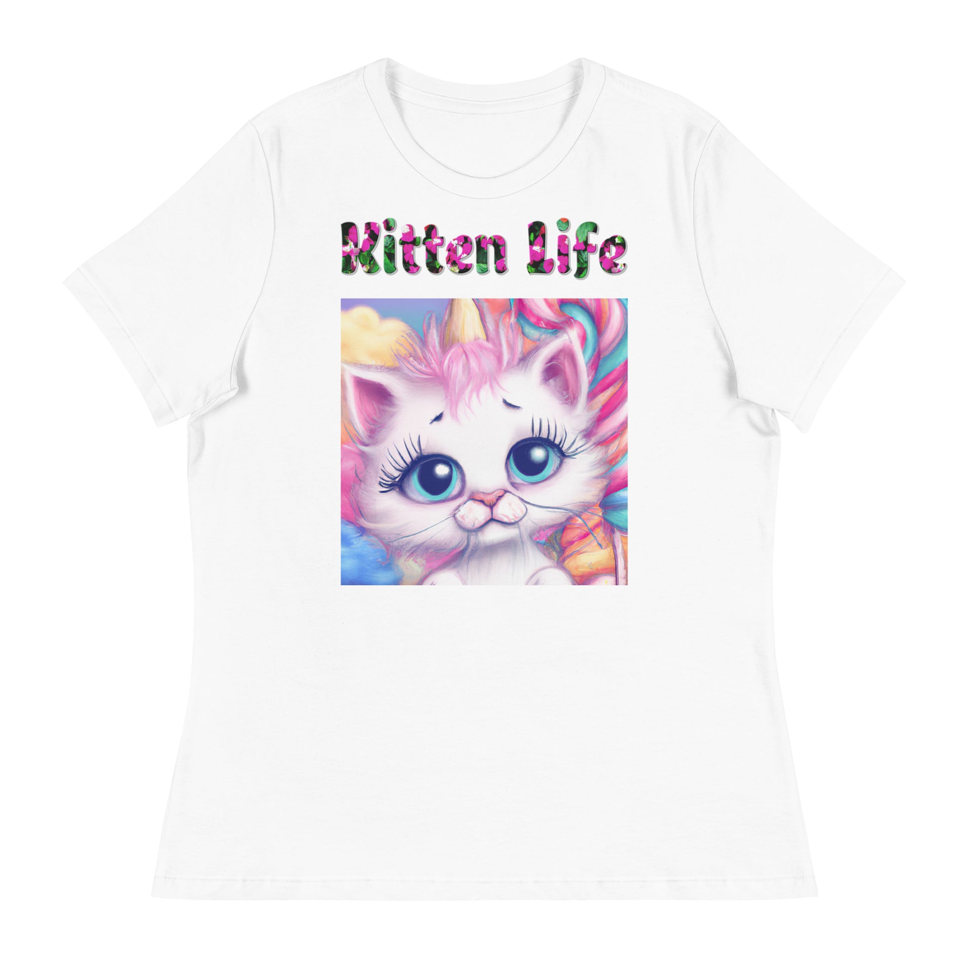 Womens WhiteT-Shirt with Beautiful Cotton Candy Unicorn Kitten with a text "Kitten Life" at $25.97 found at Personalizedpetlovergifts