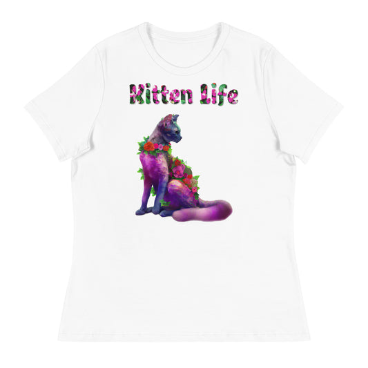 Womens WhiteT-Shirt with Beautiful Cat With Flowers with a text "Kitten Life" at $25.97 found at Personalizedpetlovergifts