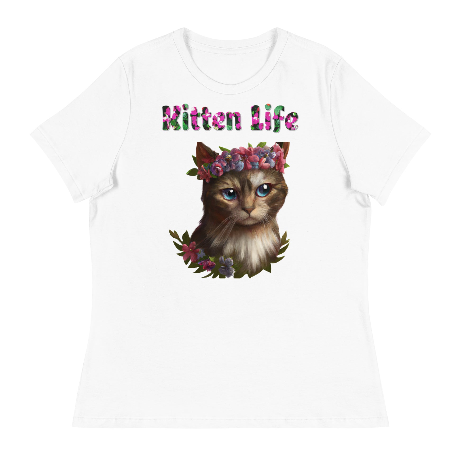 Womens WhiteT-Shirt with Beautiful Cat Portrait With Flowers with a text "Kitten Life" at $25.97 found at Personalizedpetlovergifts