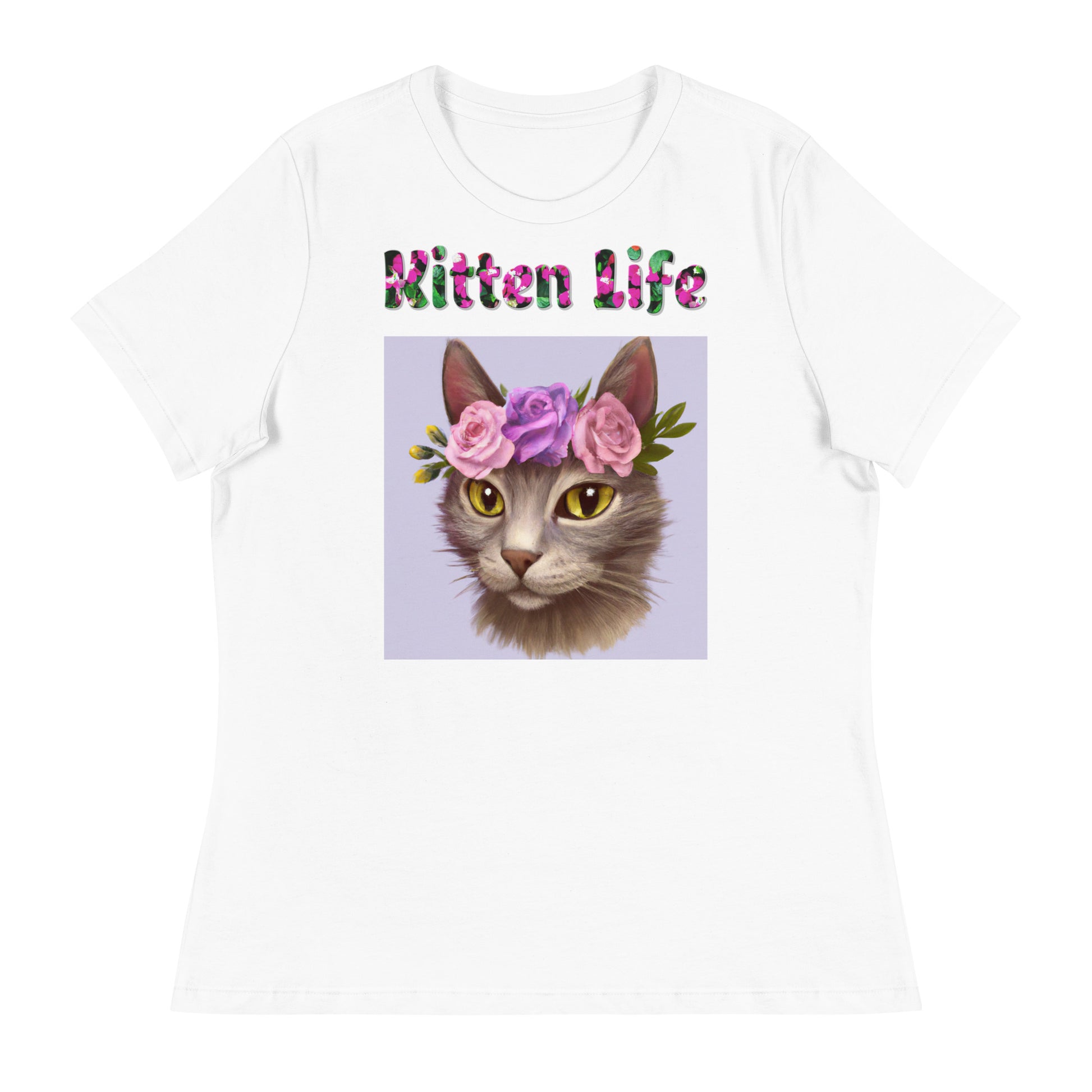 Womens WhiteT-Shirt with Beautiful Cat Portrait With Floral Headpiece And Roses with a text "Kitten Life" at $25.97 found at Personalizedpetlovergifts