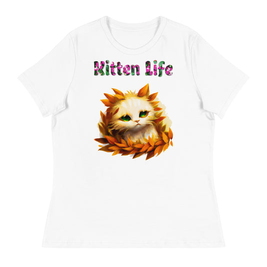 Womens WhiteT-Shirt with Beautiful Cat In Autumn Leaves with a text "Kitten Life" at $25.97 found at Personalizedpetlovergifts