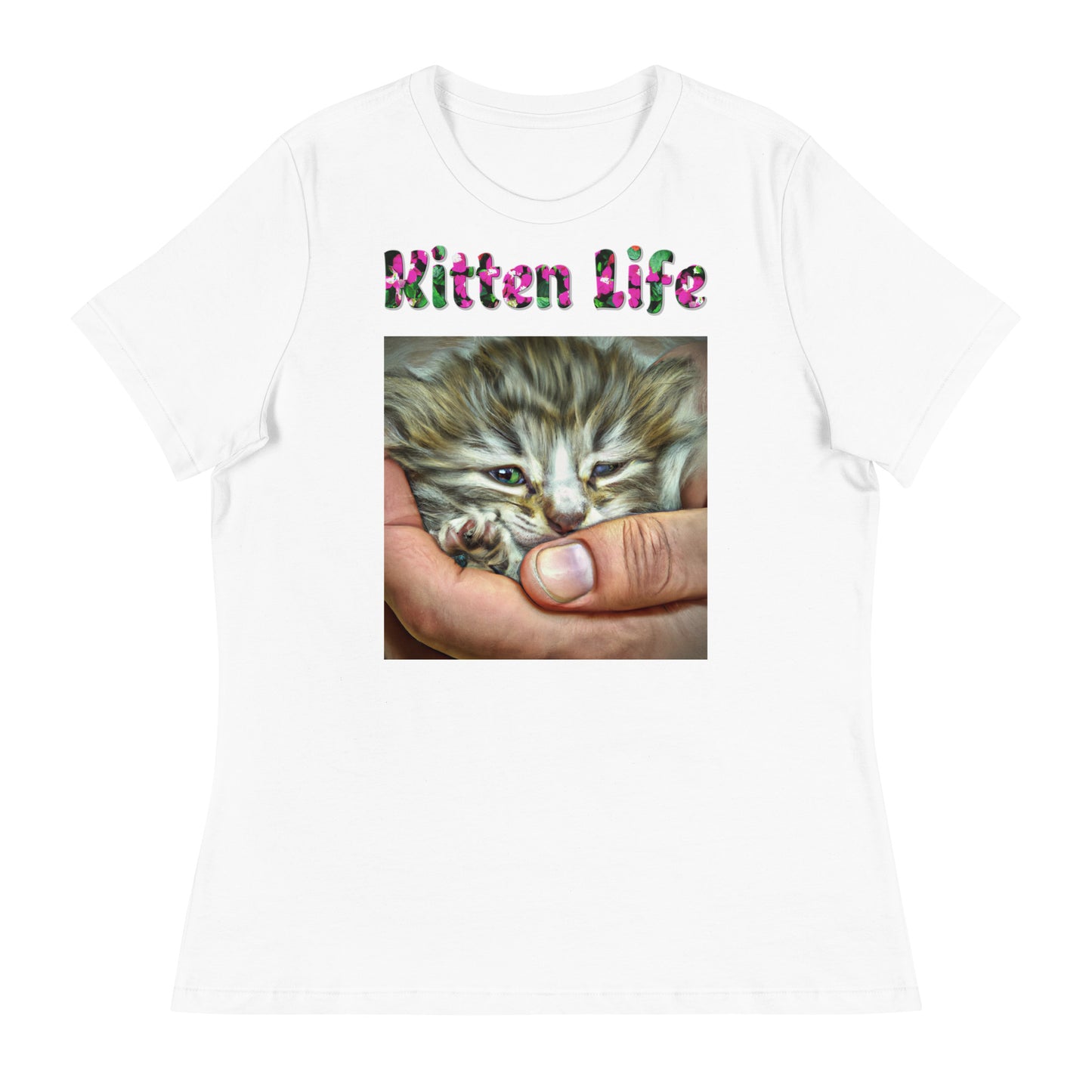 Womens WhiteT-Shirt with Baby Kitten In Hand with a text "Kitten Life" at $25.97 found at Personalizedpetlovergifts