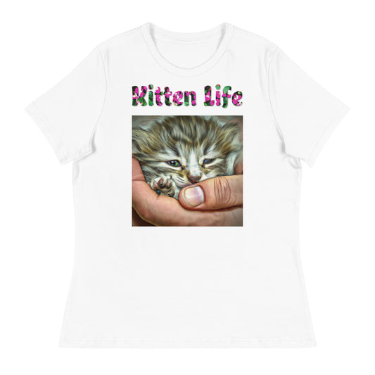 Womens WhiteT-Shirt with Baby Kitten In Hand with a text "Kitten Life" at $25.97 found at Personalizedpetlovergifts