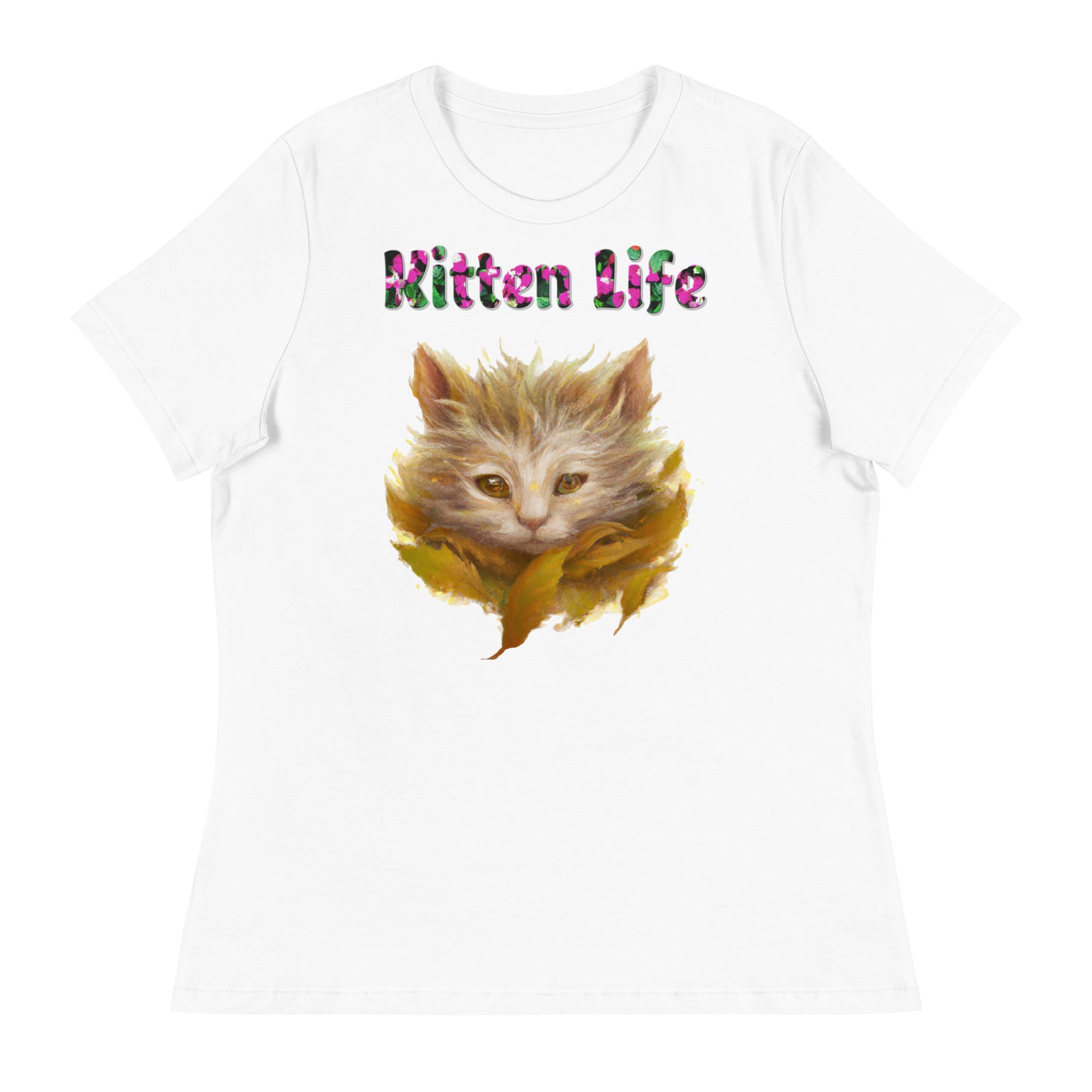 Womens WhiteT-Shirt with Autumn Cat with a text "Kitten Life" at $25.97 found at Personalizedpetlovergifts