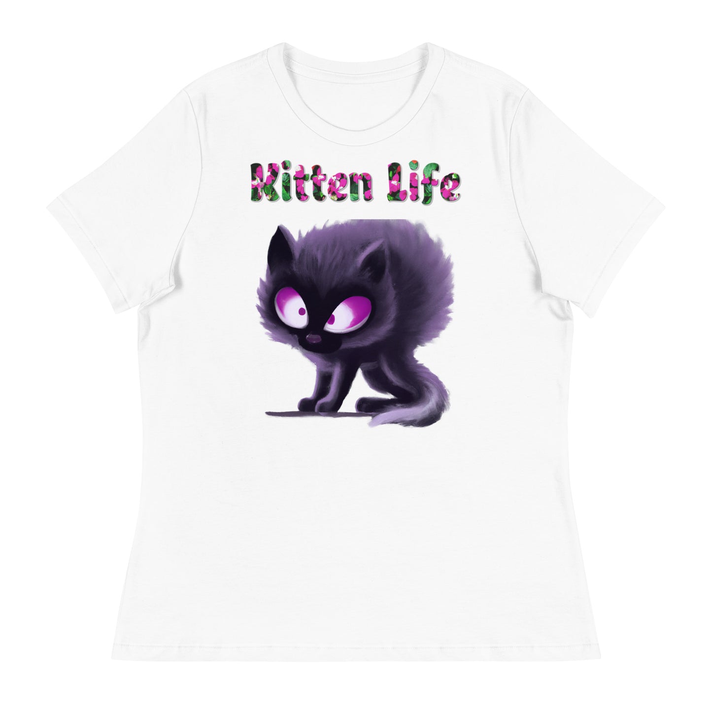 Womens WhiteT-Shirt with Angry Purple Kitten with a text "Kitten Life" at $25.97 found at Personalizedpetlovergifts