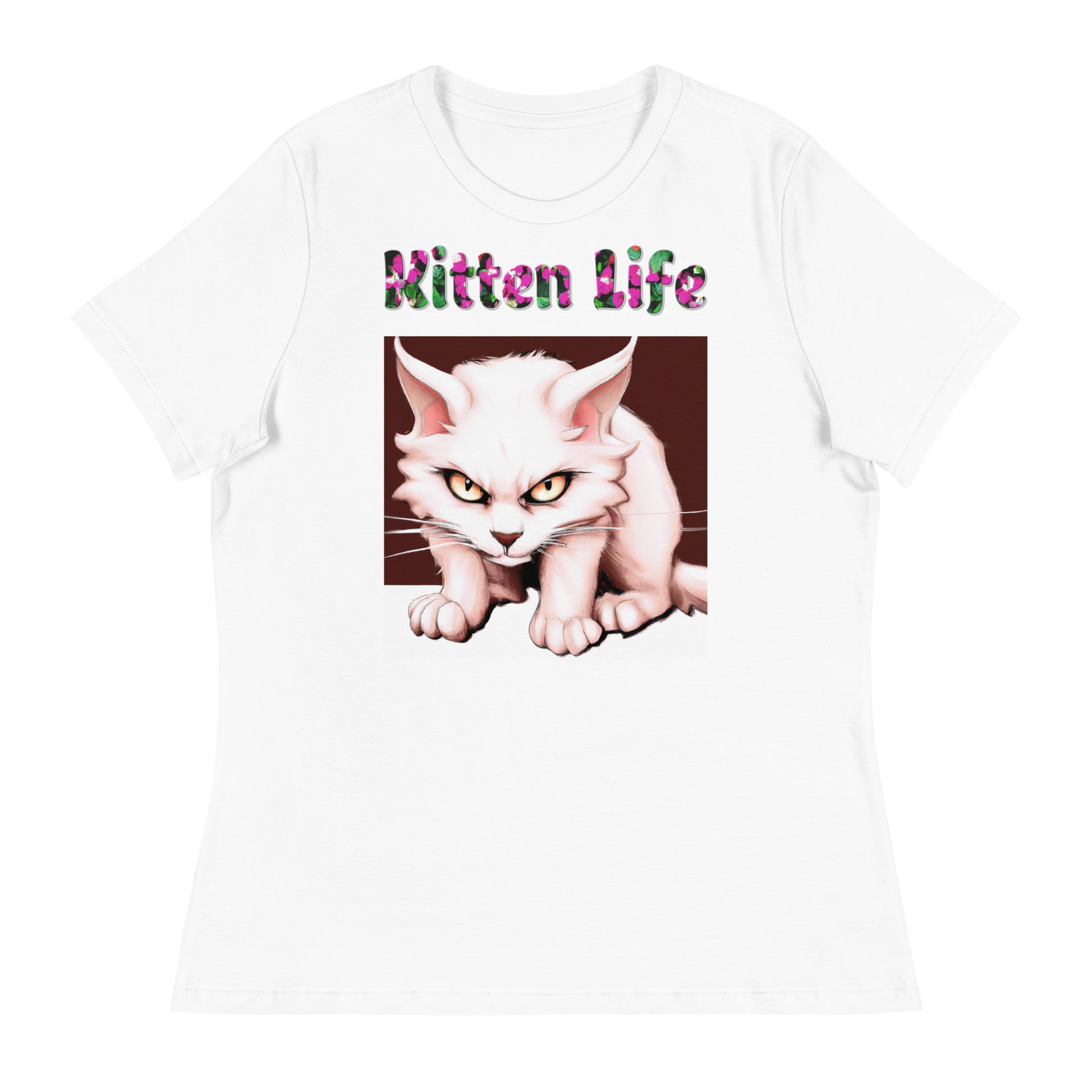 Womens WhiteT-Shirt with Angry Pink Kitty with a text "Kitten Life" at $25.97 found at Personalizedpetlovergifts