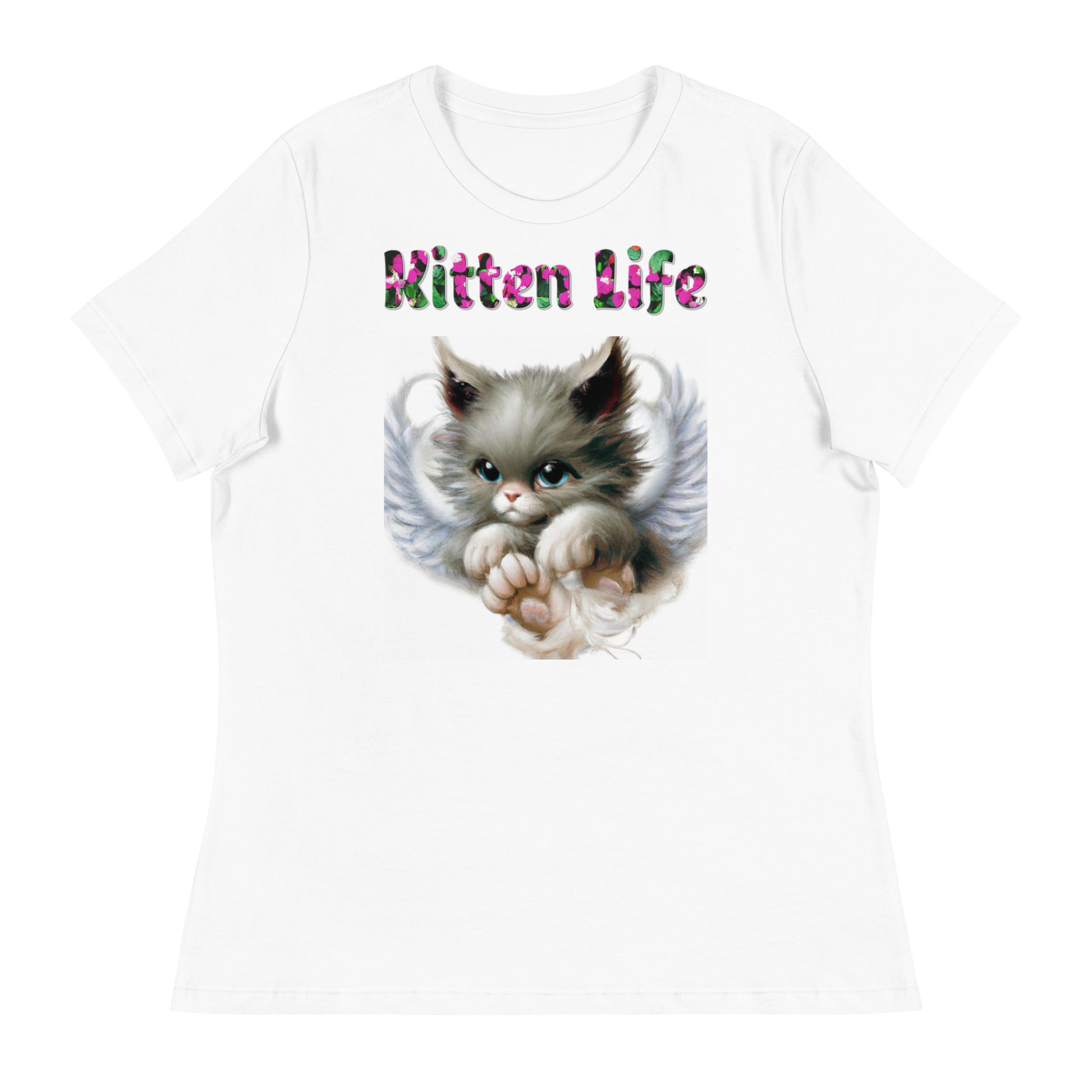 Womens WhiteT-Shirt with Angel Kitten with a text "Kitten Life" at $25.97 found at Personalizedpetlovergifts