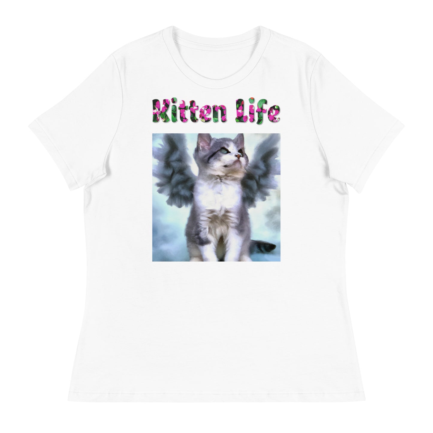 Womens WhiteT-Shirt with Angel Kitten With Fluffy Wings with a text "Kitten Life" at $25.97 found at Personalizedpetlovergifts