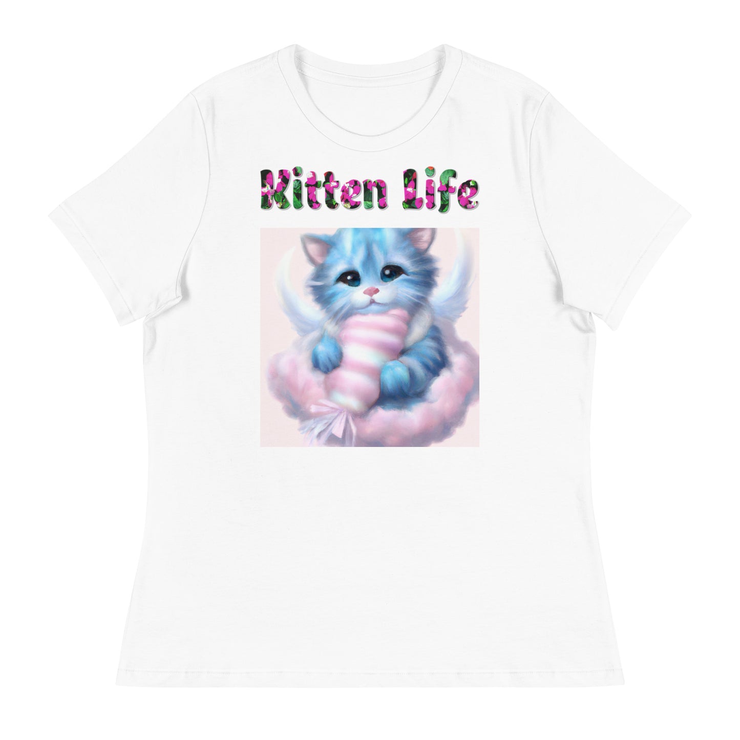 Womens WhiteT-Shirt with Angel Kitten On a Fluffy Cloud with a text "Kitten Life" at $25.97 found at Personalizedpetlovergifts