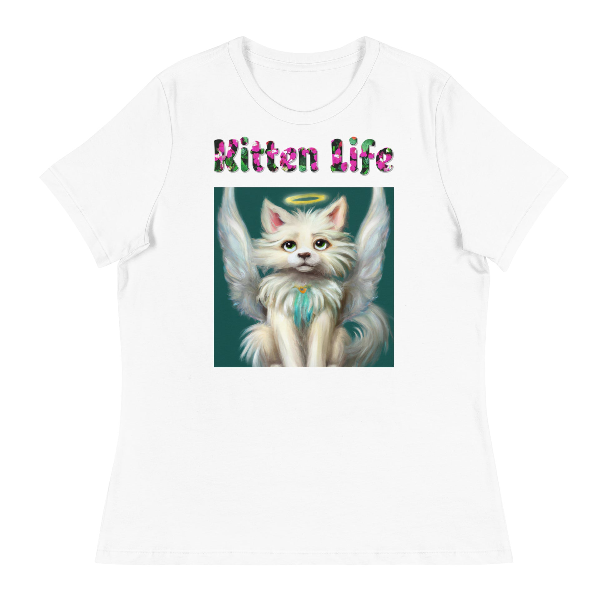 Womens WhiteT-Shirt with Angel Cat with a text "Kitten Life" at $25.97 found at Personalizedpetlovergifts