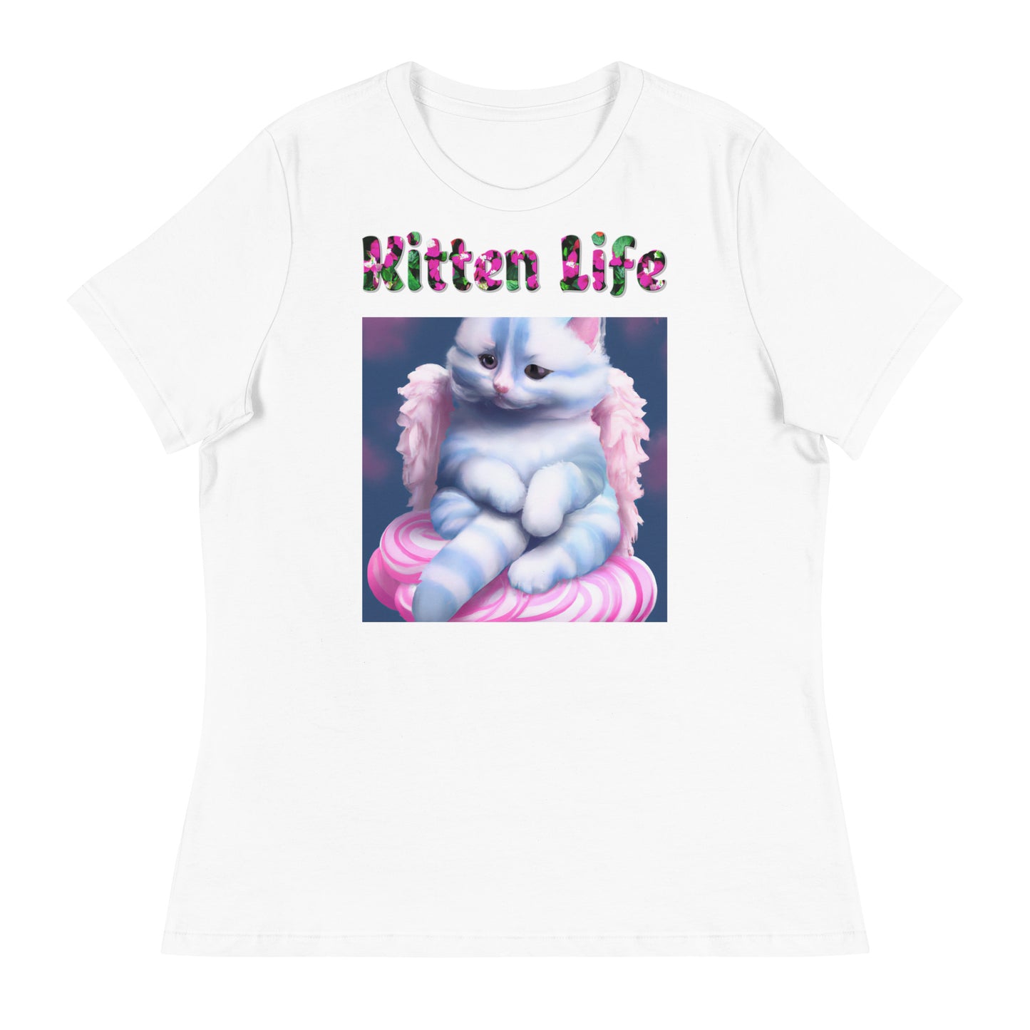 Womens WhiteT-Shirt with Angel Cat On a Cloud with a text "Kitten Life" at $25.97 found at Personalizedpetlovergifts