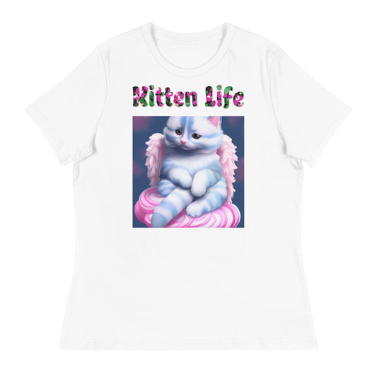 Womens WhiteT-Shirt with Angel Cat On a Cloud with a text "Kitten Life" at $25.97 found at Personalizedpetlovergifts