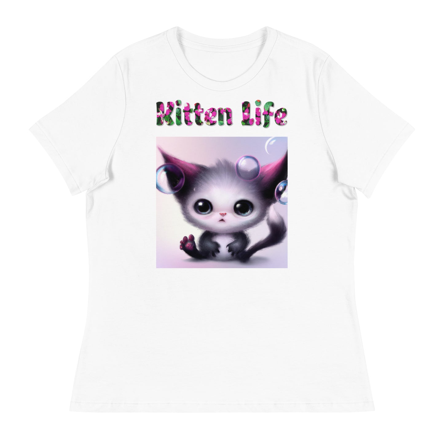 Womens WhiteT-Shirt with Alien Kitten With Bubbles with a text "Kitten Life" at $25.97 found at Personalizedpetlovergifts