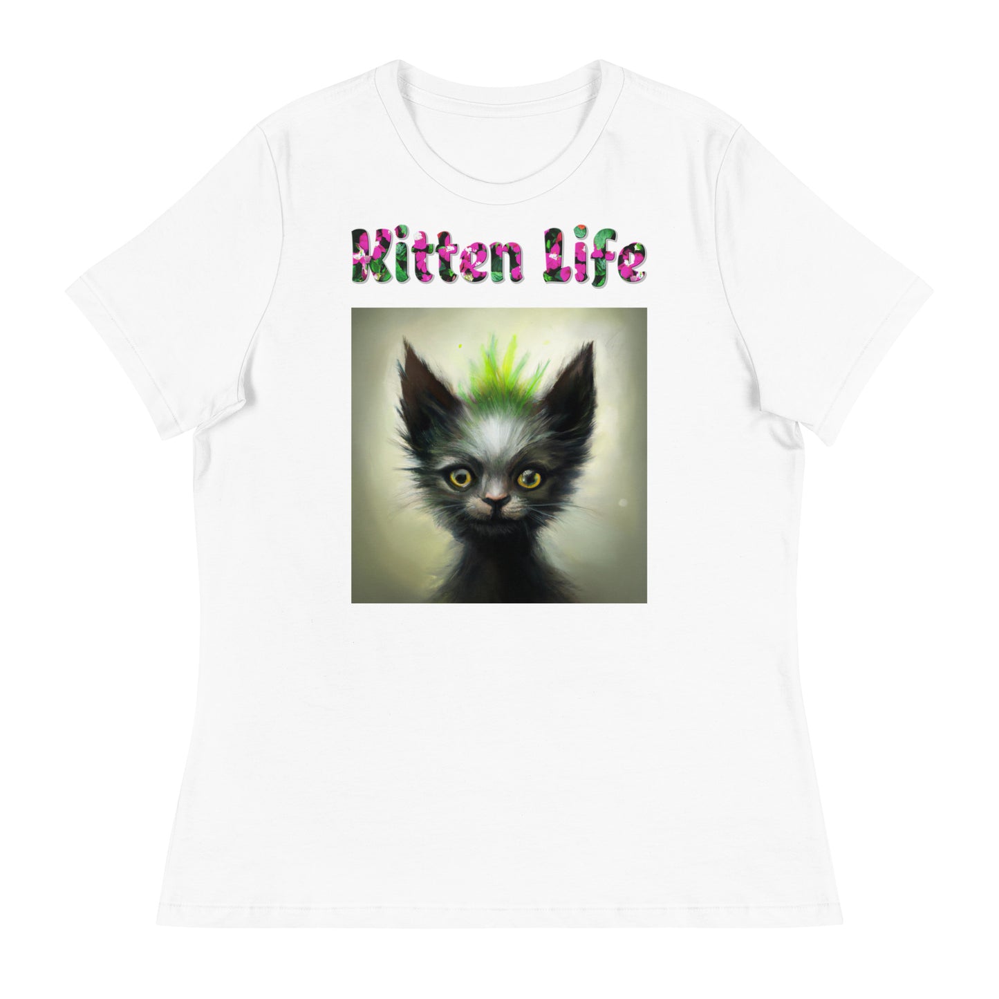 Womens WhiteT-Shirt with Alien Cat With Spikes with a text "Kitten Life" at $25.97 found at Personalizedpetlovergifts