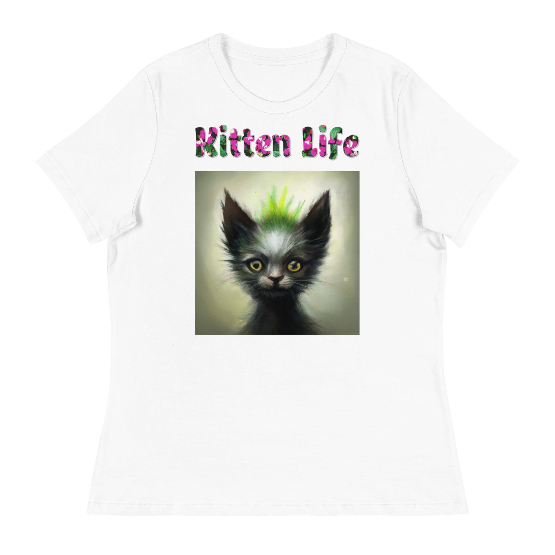 Womens WhiteT-Shirt with Alien Cat With Spikes with a text "Kitten Life" at $25.97 found at Personalizedpetlovergifts