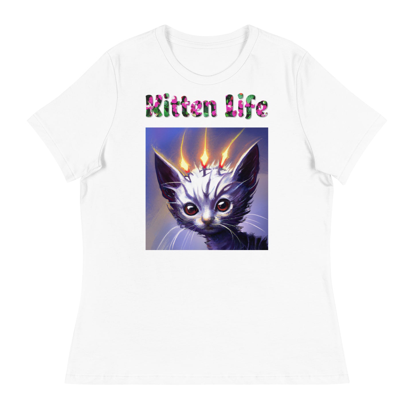 Womens WhiteT-Shirt with Alien Cat With Fiery Spikes with a text "Kitten Life" at $25.97 found at Personalizedpetlovergifts