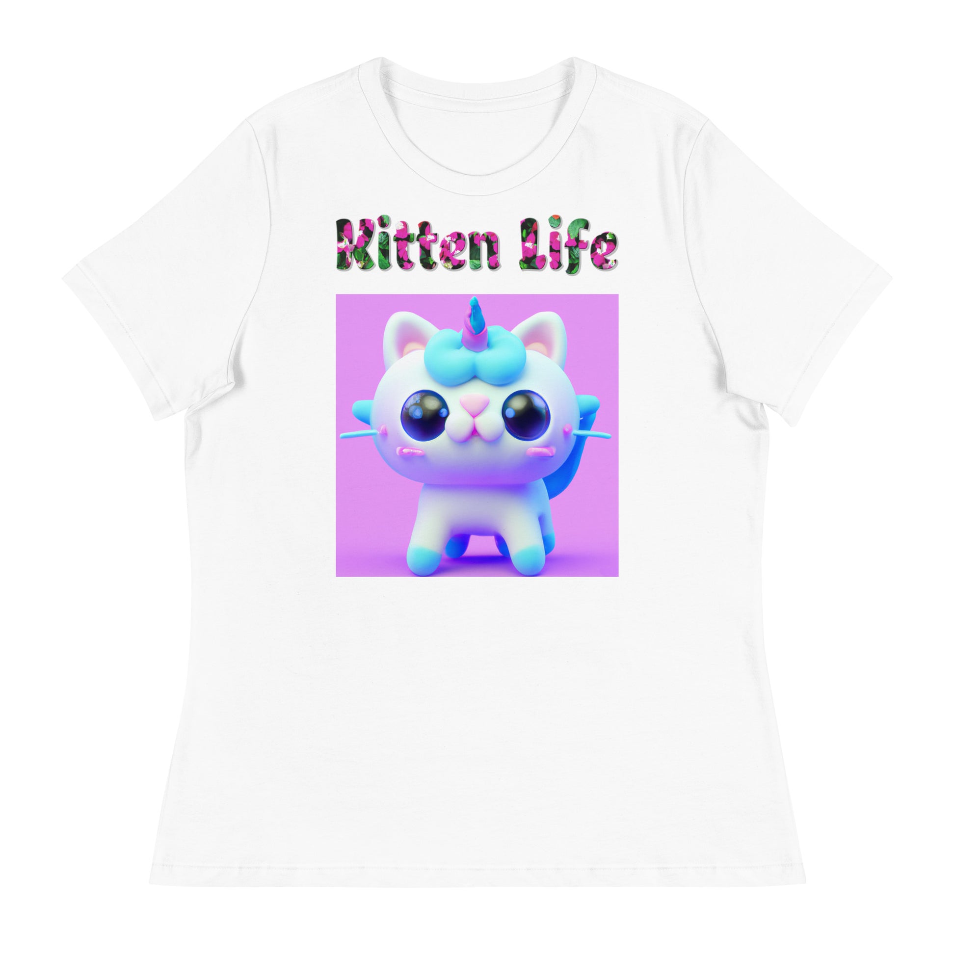 Womens WhiteT-Shirt with 3D Unicorn Kitten with a text "Kitten Life" at $25.97 found at Personalizedpetlovergifts