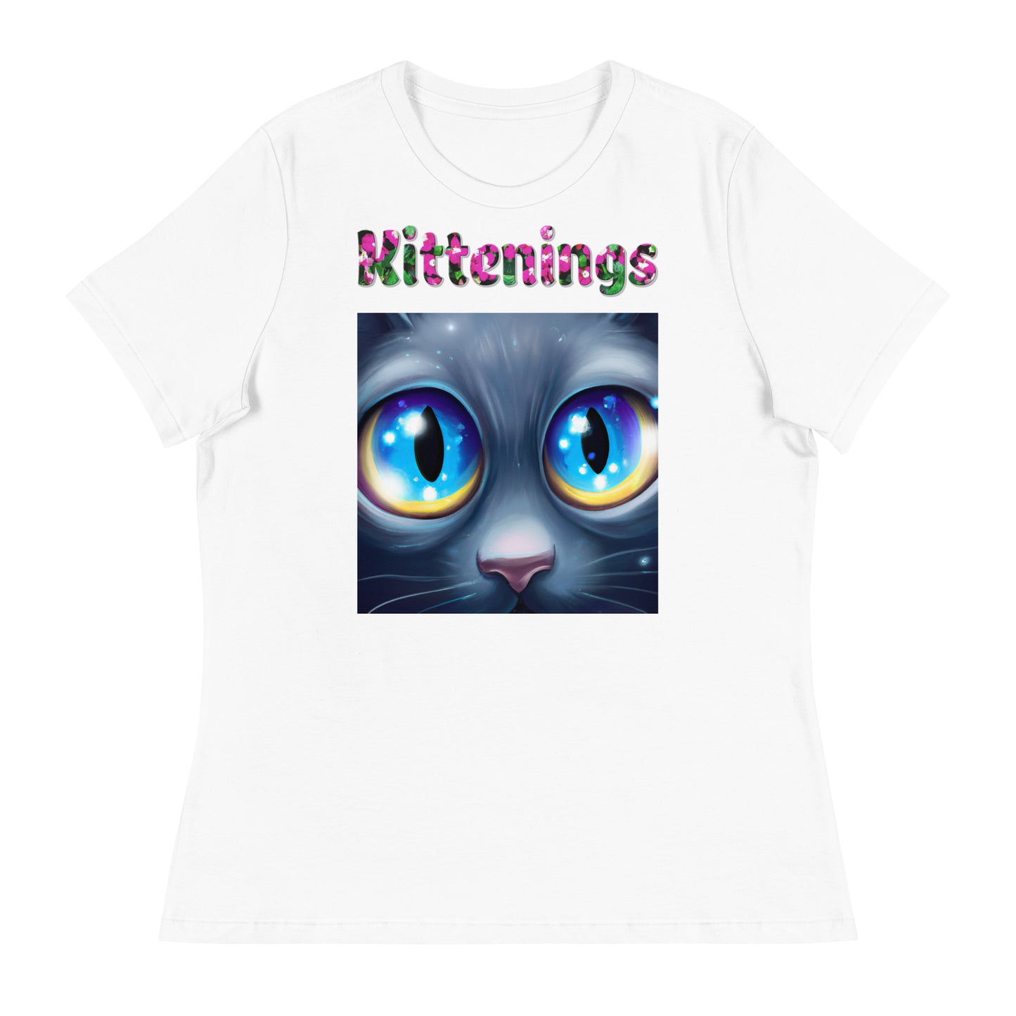 Womens WhiteT-Shirt with Cat Close Up With Blue Eyes with a text "Kittenings" at $25.97 found at Personalizedpetlovergifts