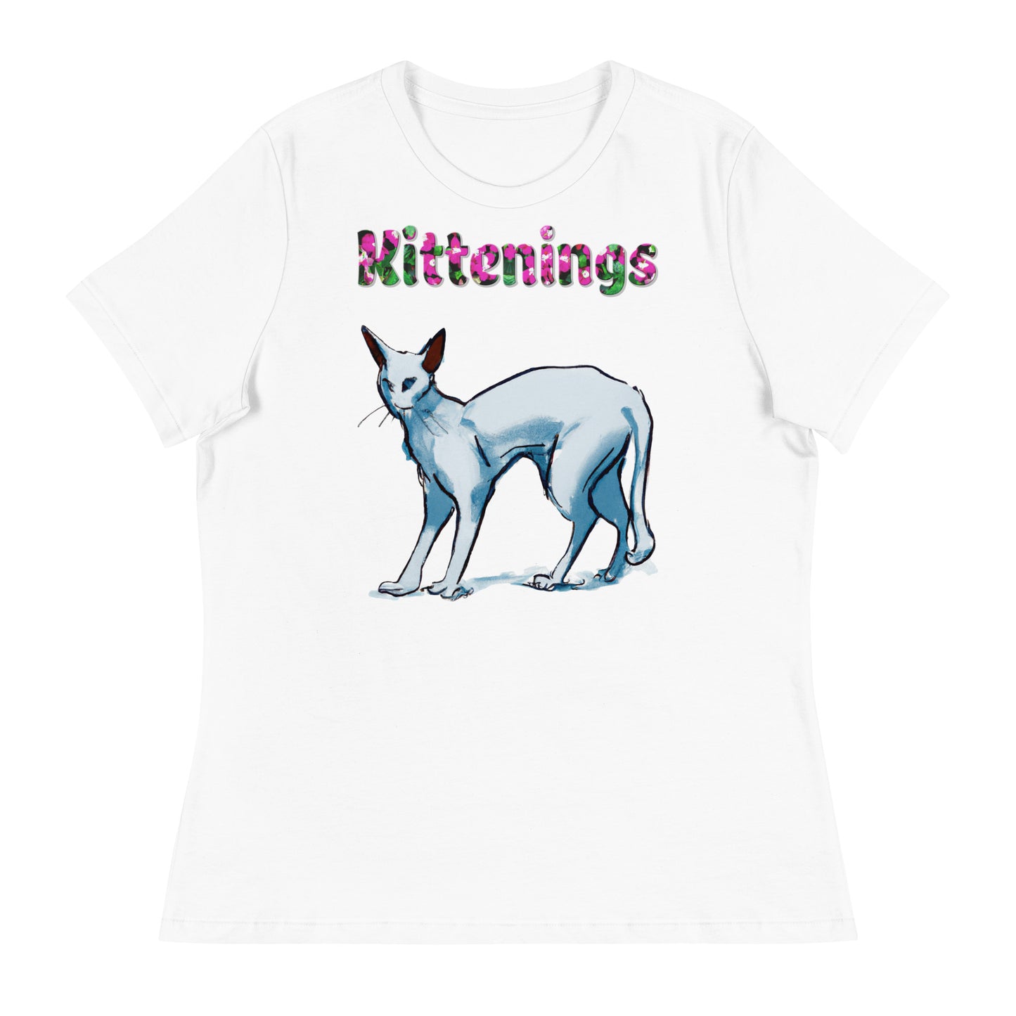 Womens WhiteT-Shirt with Cat Artistic Painting with a text "Kittenings" at $25.97 found at Personalizedpetlovergifts