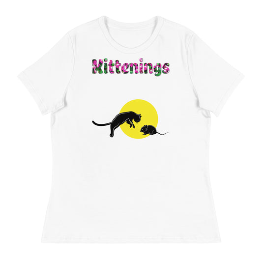 Womens WhiteT-Shirt with Cat And Mouse with a text "Kittenings" at $25.97 found at Personalizedpetlovergifts