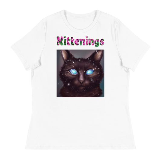 Womens WhiteT-Shirt with Blue Eyed Galaxy Cat with a text "Kittenings" at $25.97 found at Personalizedpetlovergifts