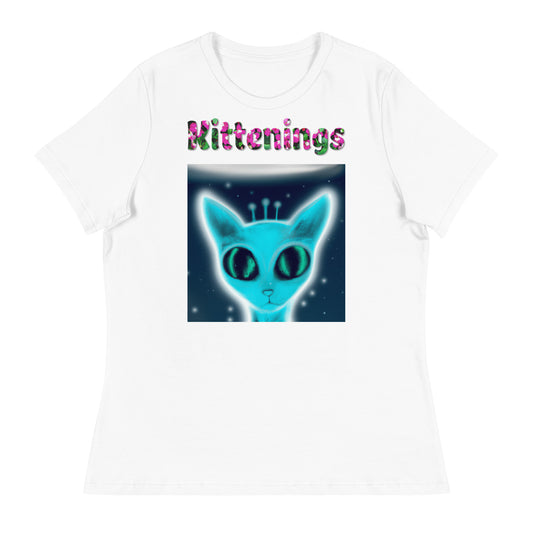 Womens WhiteT-Shirt with Blue Alien Cat with a text "Kittenings" at $25.97 found at Personalizedpetlovergifts