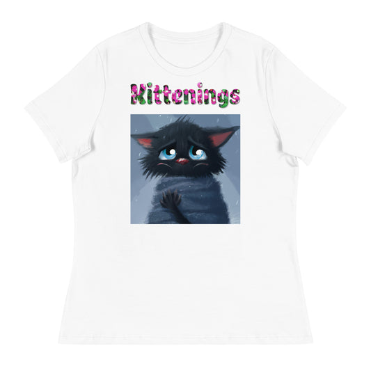 Womens WhiteT-Shirt with Black Kitten Feeling Cold with a text "Kittenings" at $25.97 found at Personalizedpetlovergifts